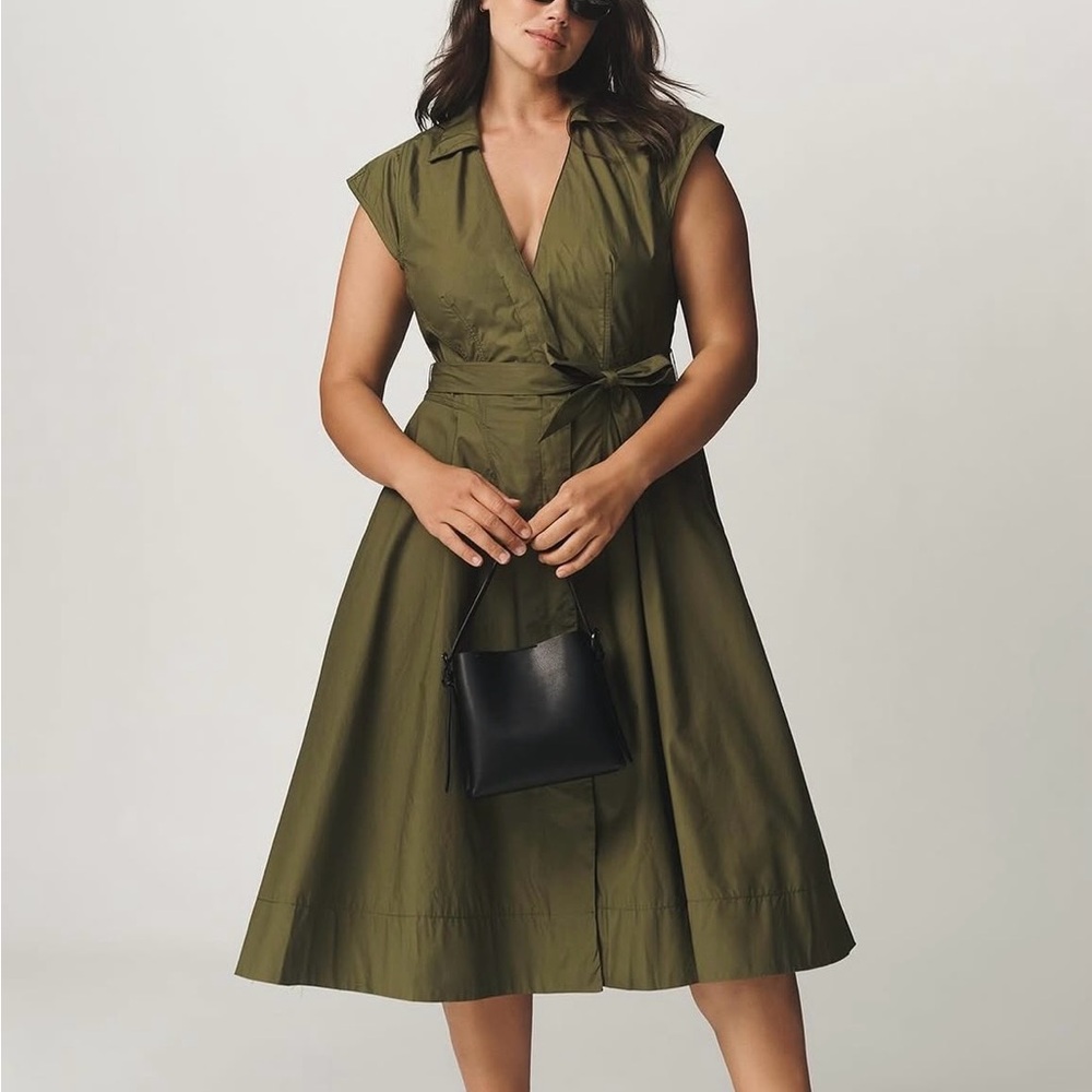 Maeve Green A-Line Midi Dress with V-Neck and Cap Sleeves